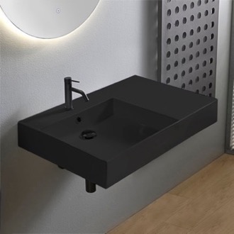 Bathroom Sink Black Ceramic Wall Mounted or Vessel Sink With Counter Space Scarabeo 5149-49